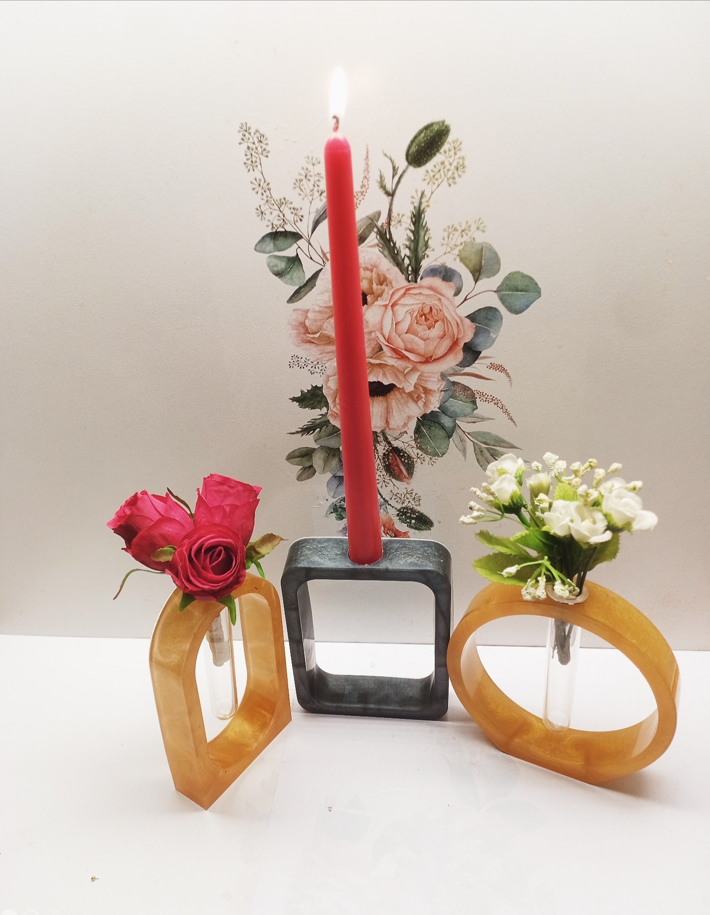 EPOKSİ REÇİNE ÜÇLÜ VAZO VE ŞAMDAN 