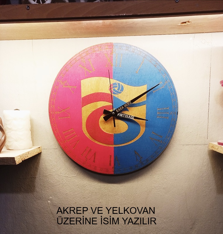 Lazer işleme ahşap dekoratif 38x38cm trabzon spor temalı duvar saati.
